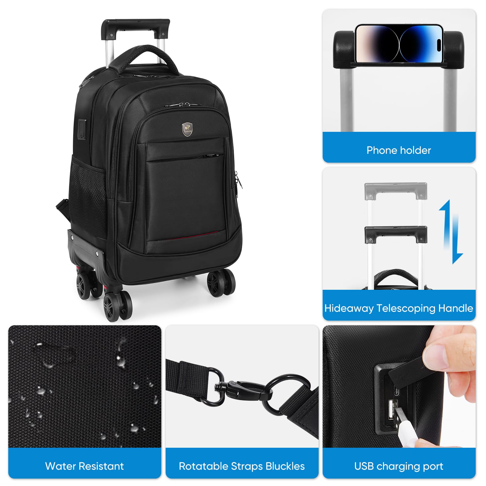 360° rotating Water Resistant Rolling Backpack with 4 Removable Wheels for Adults,Airline Approved Carry on Luggage Fit 15.6 Inch Laptop Travel Backpack with USB Charging Port