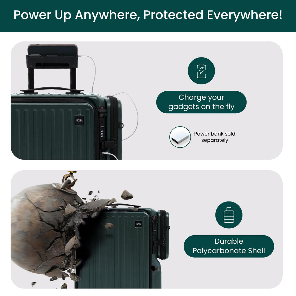 NOBL Duo Carry Carry-On Luggage with Detachable Side Bag, 22.1x14.6x10.5 Airline Approved, Noble Zipperless PC Hard Shell Suitcase & Crossbody, 360° Spinner Wheels, TSA Locks, USB Port - Forest Green