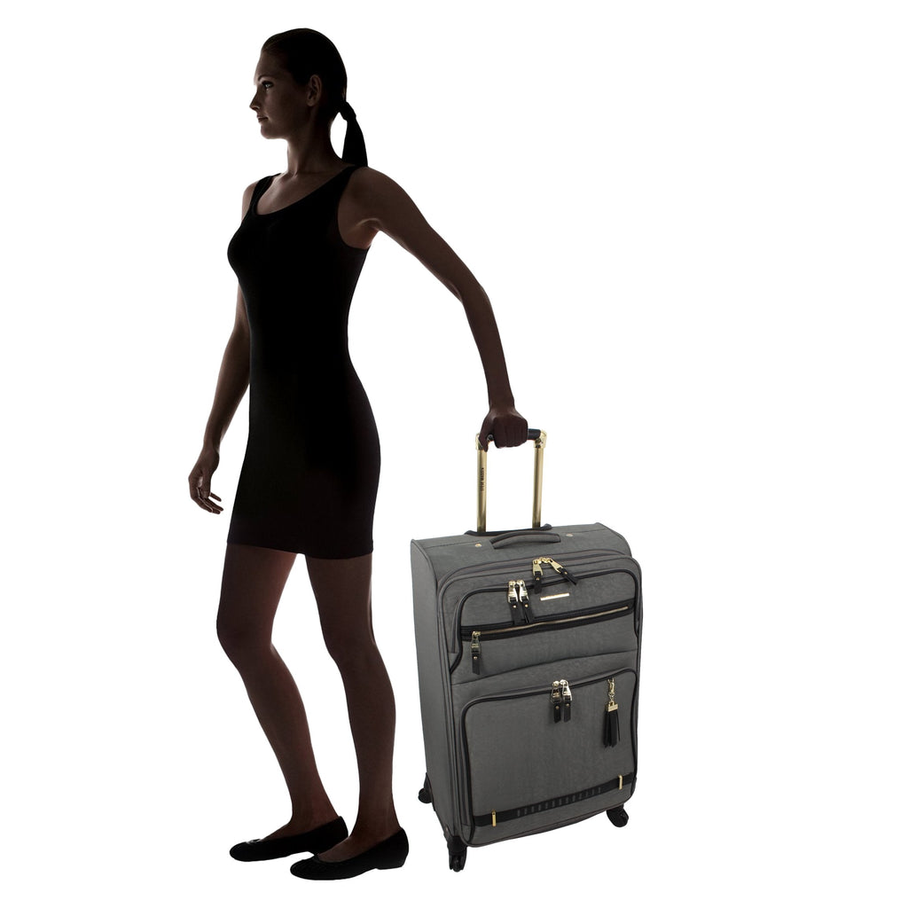 Steve Madden Designer Luggage - Checked Large 28 Inch Softside Suitcase - Expandable for Extra Packing Capacity - Lightweight Bag with Rolling Spinner Wheels (Peek-A-Boo Grey)