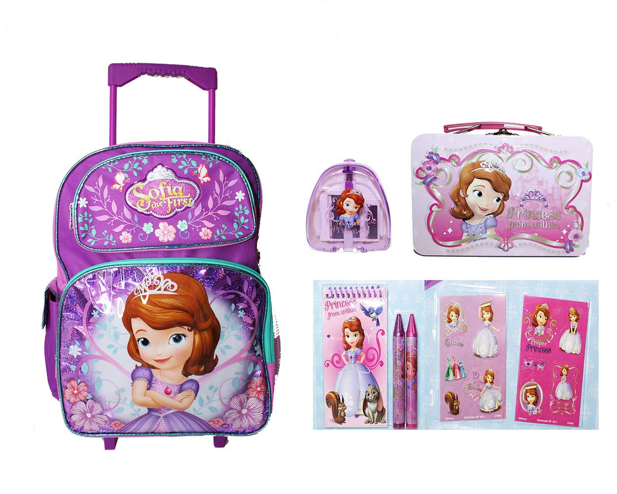 Deluxe Princess Sofia the First Rolling Backpack with 6 pcs set