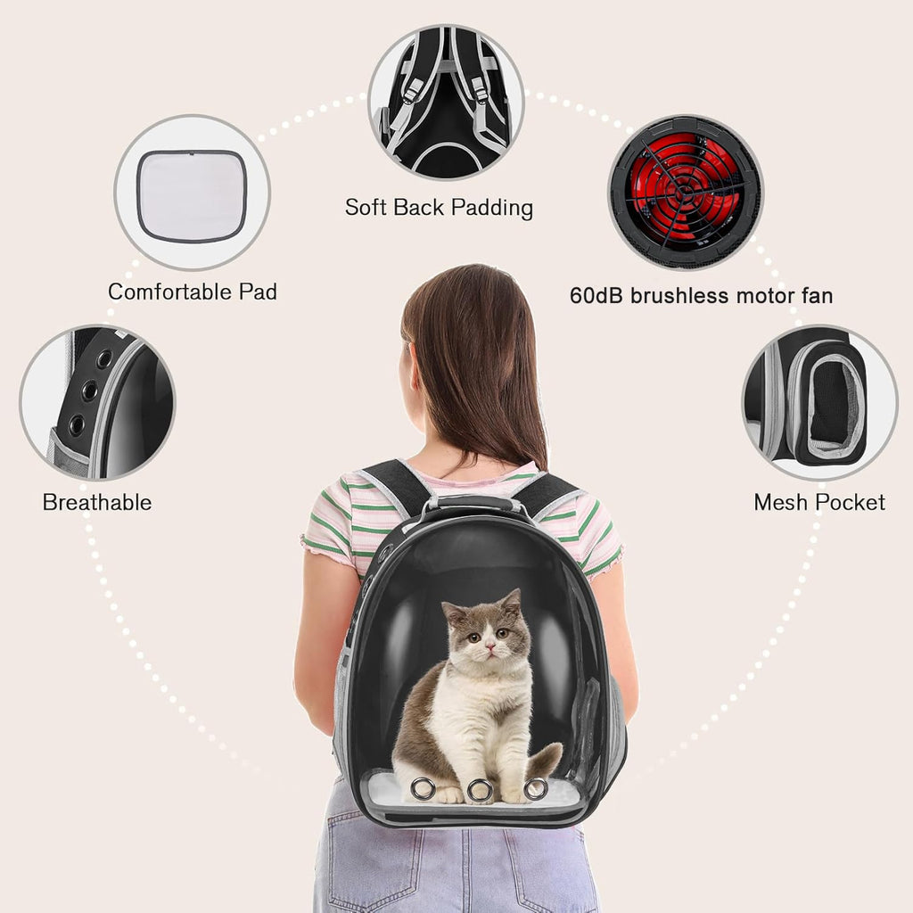 Active Cooling Pet Backpack Carrier with Side Fan,Airline Approved Transparent Bubble Backpack for Cats, Dogs, Puppies Enhanced Ventilation for Travel, Hiking, Camping (Black)