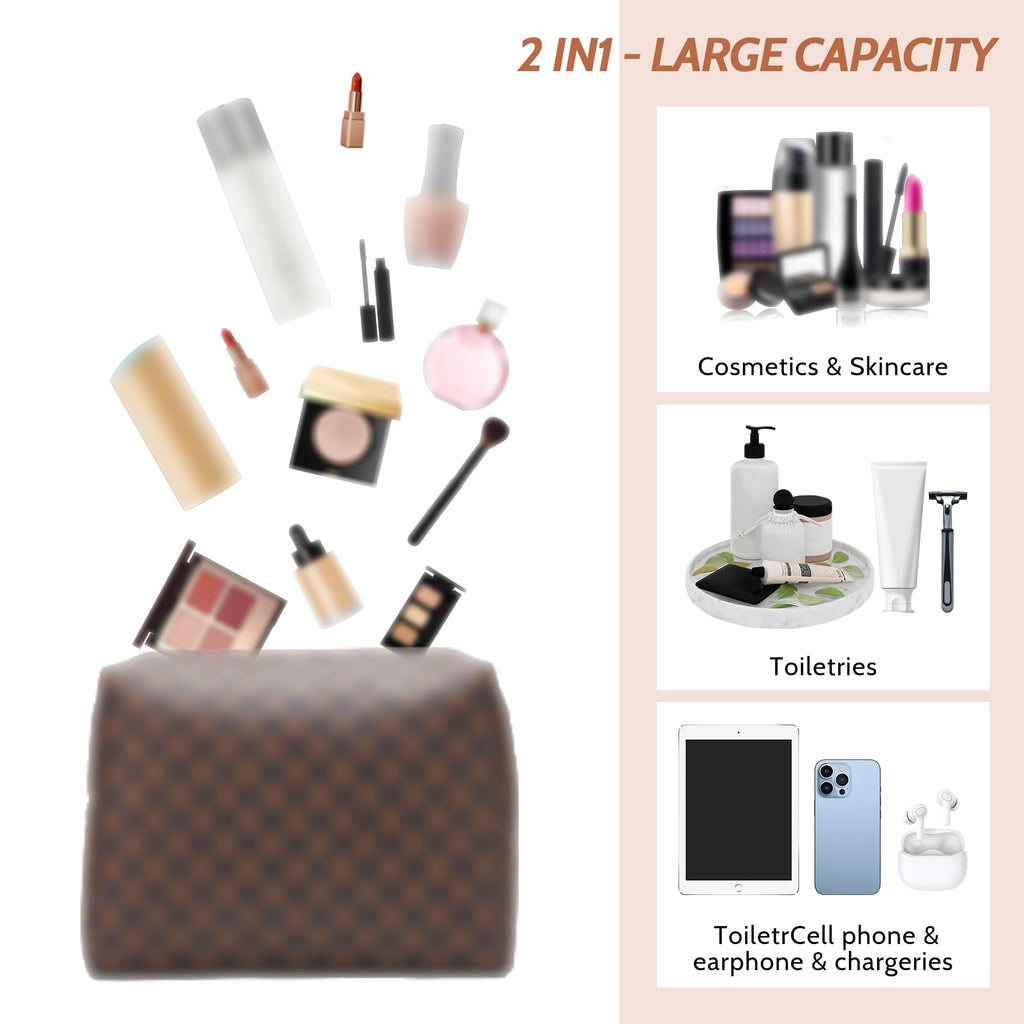 kancehinage Checkered Makeup Bag, 2 Pcs Portable Leather Cosmetic Bag, Travel Toiletry Bag for Women, PERFECT for Christmas, Birthdays, Valentine’s Day