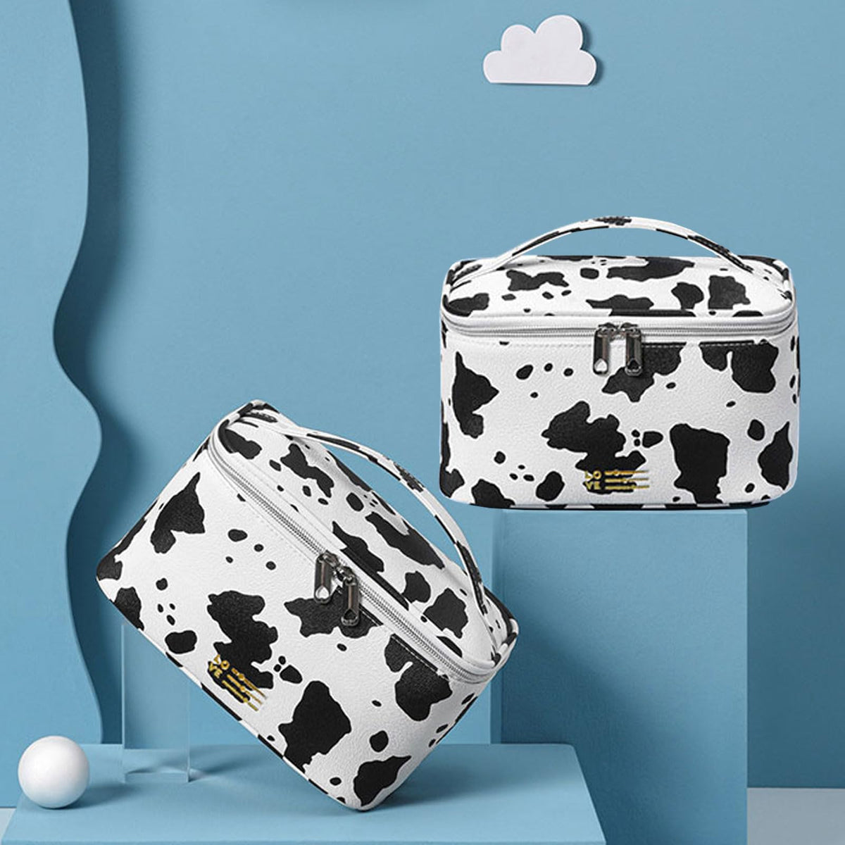 KITENROM Makeup Bag Portable Travel Cosmetic Bag with Brush Holder，Waterproof Make Up Bag For Women with Handle Print Cow