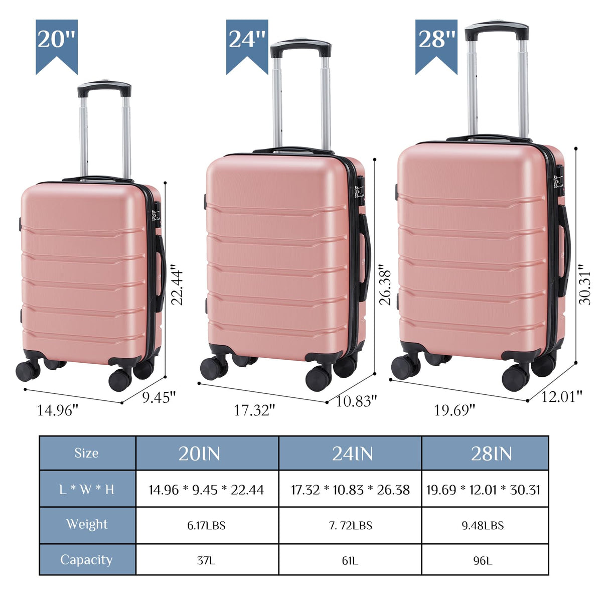 NEWBULIG 24 Inch Carry on Luggage, Lightweight Expandable Rolling Suit Case with TSA Lock, Hard Shell ABS Suitcase with Double Spinner Wheels, Pink