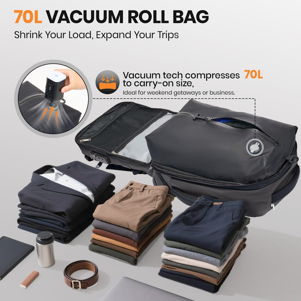 Fanwoli Vacuum Rolling Travel Backpack, Carry On Luggage with TSA Lock & Anti Theft Zipper, 70L Expandable Airback with Compression Pump, Waterproof Laptop Bag Ideal for Flight & Business,Grey