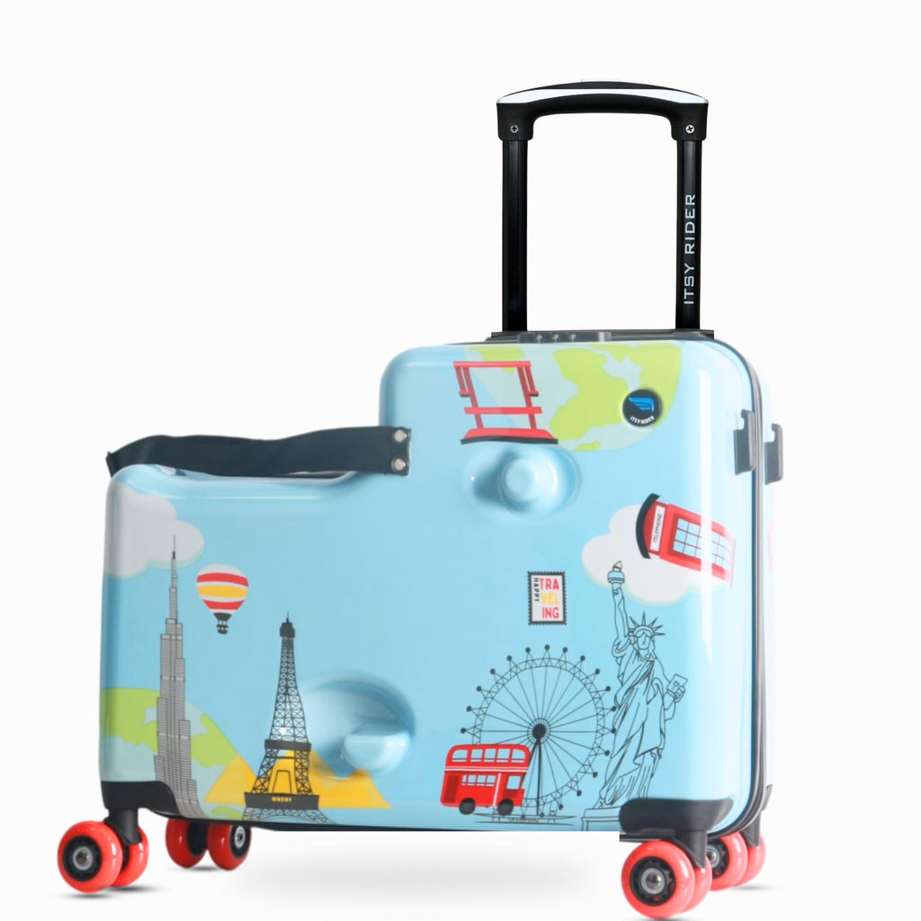 Cegali Itsy Rider 20" Ride-on Suitcase for Kids with Double Spinner Red Wheels (Blue Landmarks)