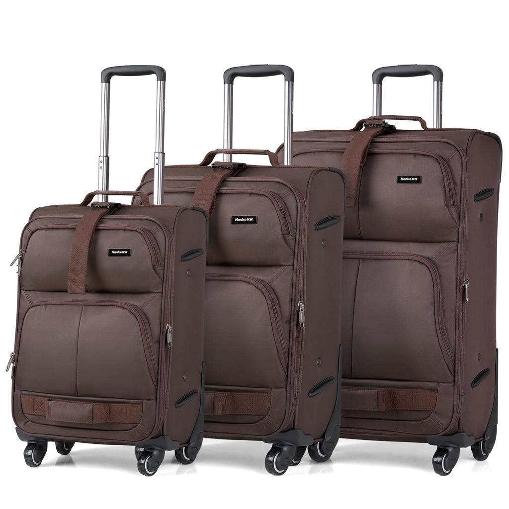 Hanke 3 Piece luggage Sets Softside Expandable luggage with Spinner Wheels TSA Lock,Travel Lightweight Luggage Sets,Coffee