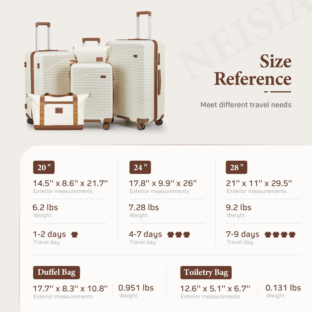 NEISIA Luggage Sets 3 Piece, Hard Shell Carry on Suitcase with Spinner Wheels and TSA Lock, Travel Lightweight Luggage Set with YKK Zippers (Light Purple, 5 piece sets（20/24/28/DB/TB)