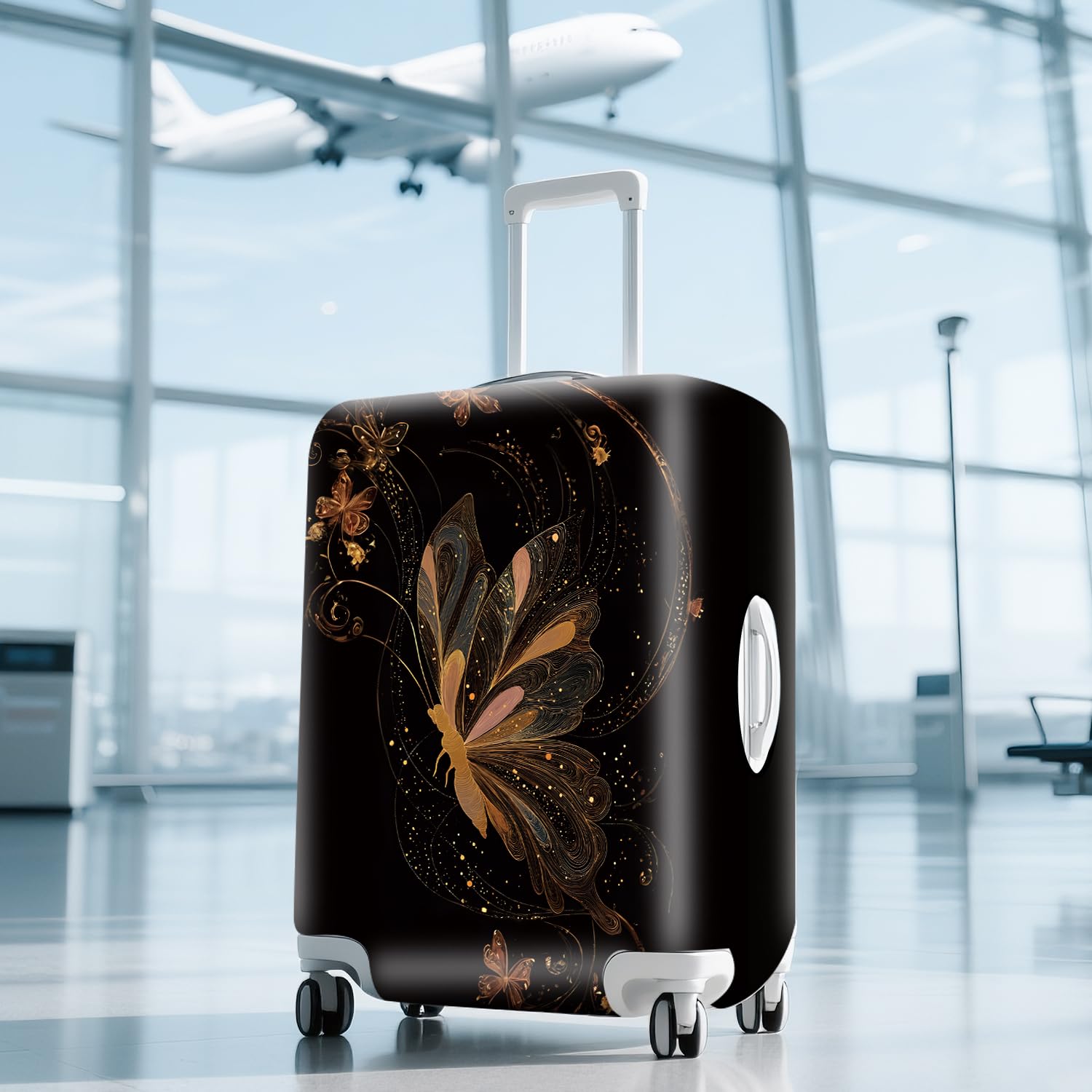 ANNA QUEEN Gold Butterfly Travel Luggage Cover -Stretchable Airplane Suitcase Protector Sleeve,Universal Washable Fit for 20-22 Inch Checked Baggage,Water Resistant Durable Luggage Protector