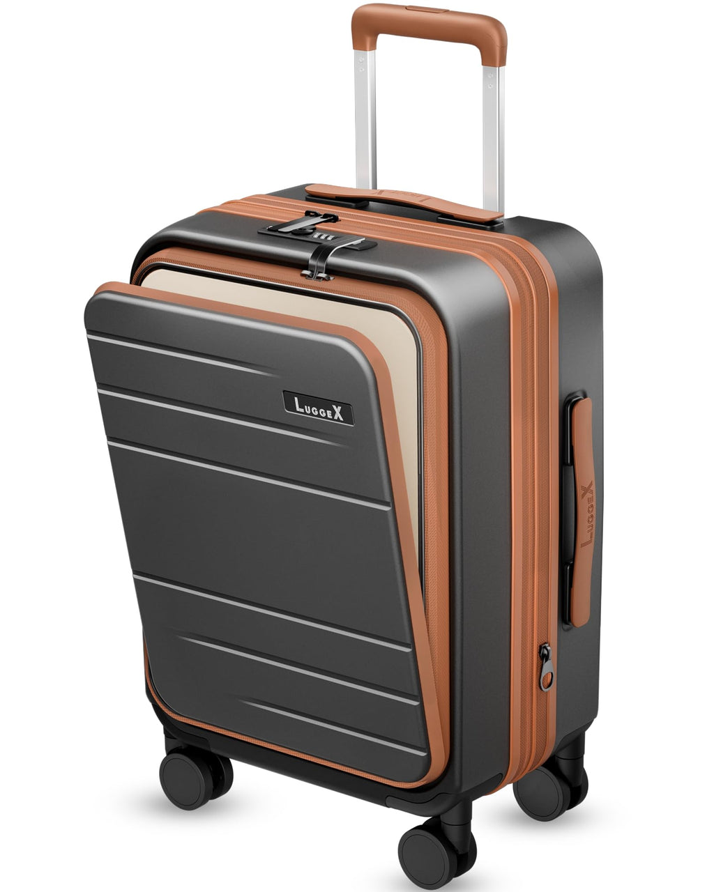 Carry On Luggage 22x14x9 Airline Approved, FLO5 Expandable Polycarbonate Suitcase with Front Pocket (FX-Core, Brown-Black, 20 Inch)