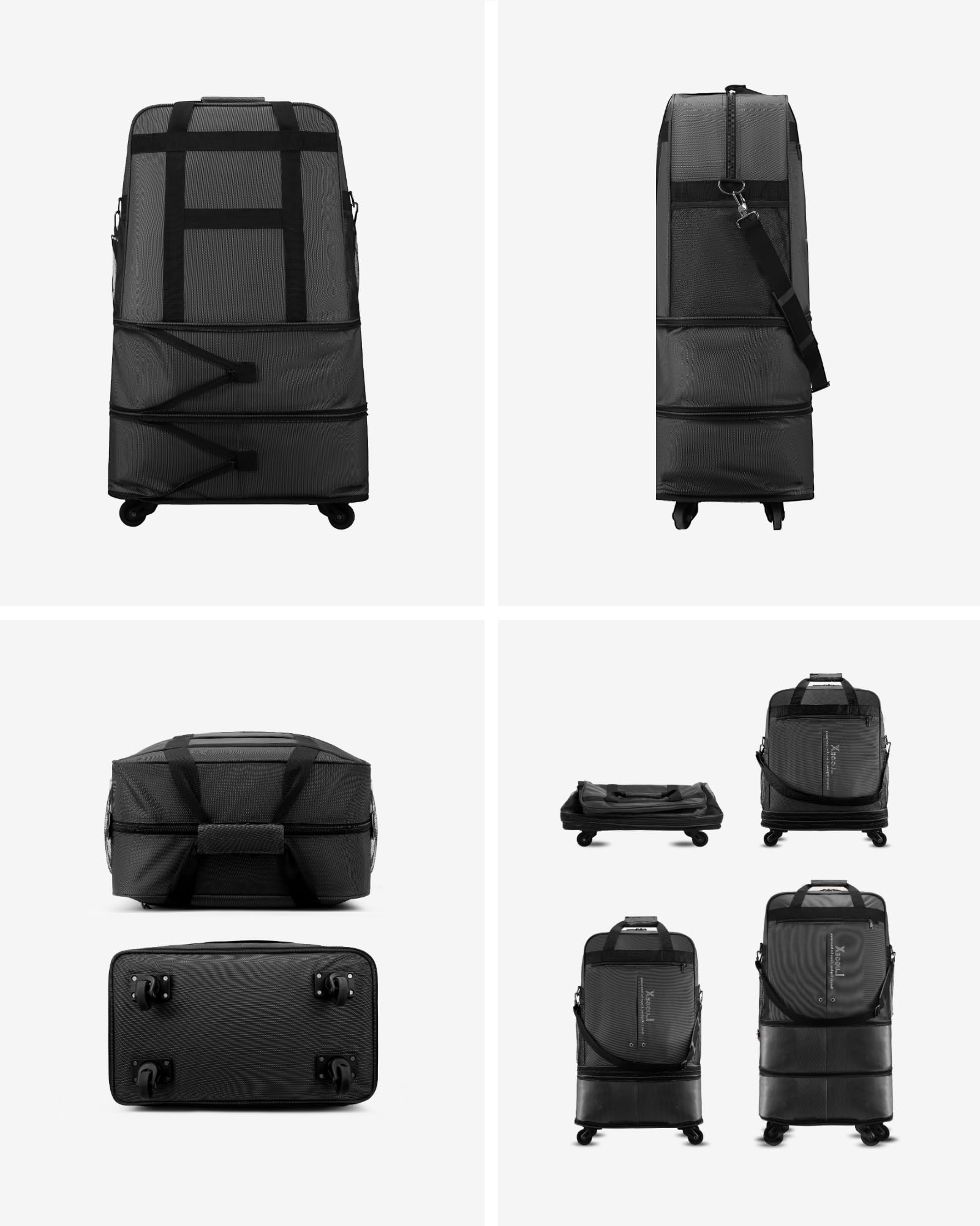 LUGGEX Travel Duffel Bags, Expandable Collapsible Luggage with Spinner Wheels, Lightweight, without Telescopic Handle, Large Capacity Suitcases with Wheel for Men Women (Black, 55L-113L)