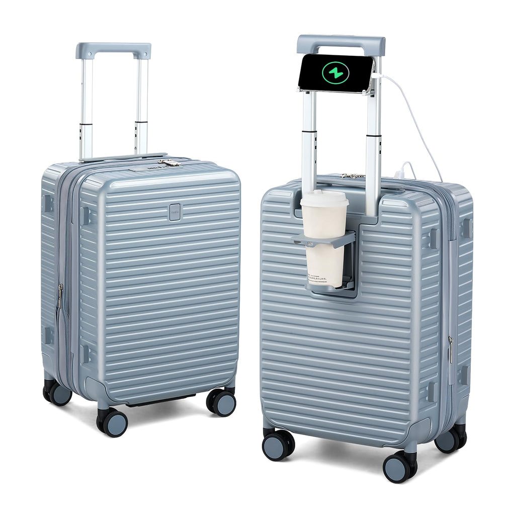 HanTrip Hard Shell Suitcases Airline Approved 20 Inch Carry on Luggage with Wheels, Expandable Travel Luggage with Cup Holder Charger Built in Lightweight Small Suitcase, Silver