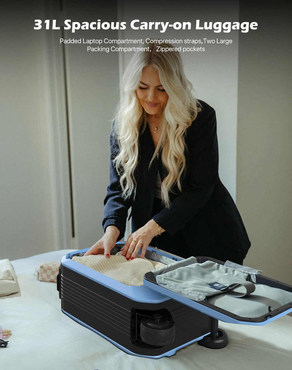 AOTOS Smart Rideable luggage-Roller carry-on luggage 22x14x9-TSA, Airline-Approved 22 inch Hardshell,Zipperless Travel Suitcase with Rolling WheelsApp Control -Cabin Suitcase for Airport Travel(Blue)