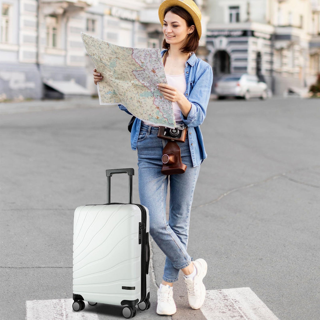 VANKEAN Carry On Luggage with Spinner Wheels & TSA Lock, Expandable Fashionable Hard Shell Suitcase airline approved，20 Inch Carry-On，White