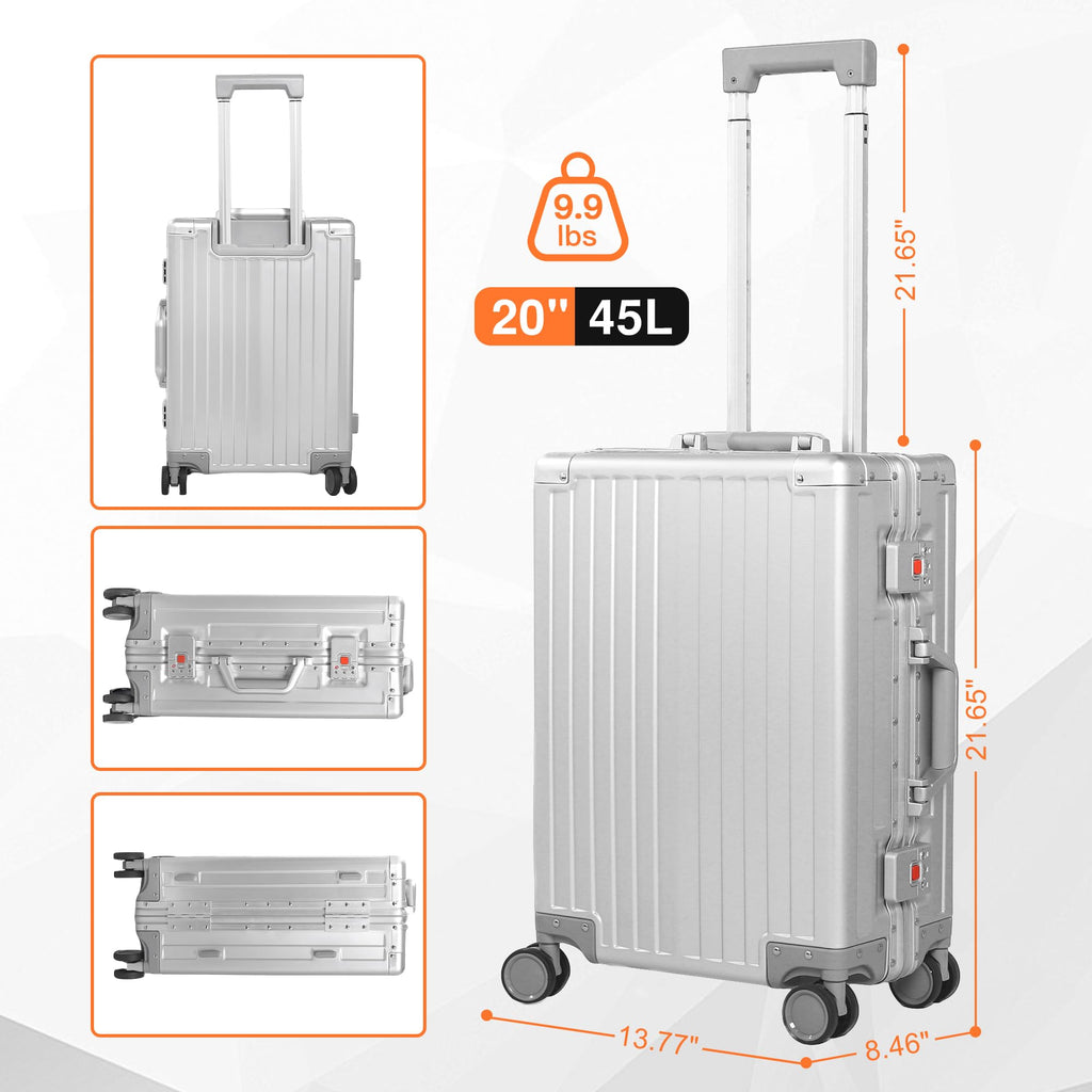 VentureVault All Aluminum Carry On Luggage 22x14x9 Airline Approved，Hard Shell Carry On Luggage, Zipperless Luggage Aluminum Suitcase Luggage (sliver, 20inch)