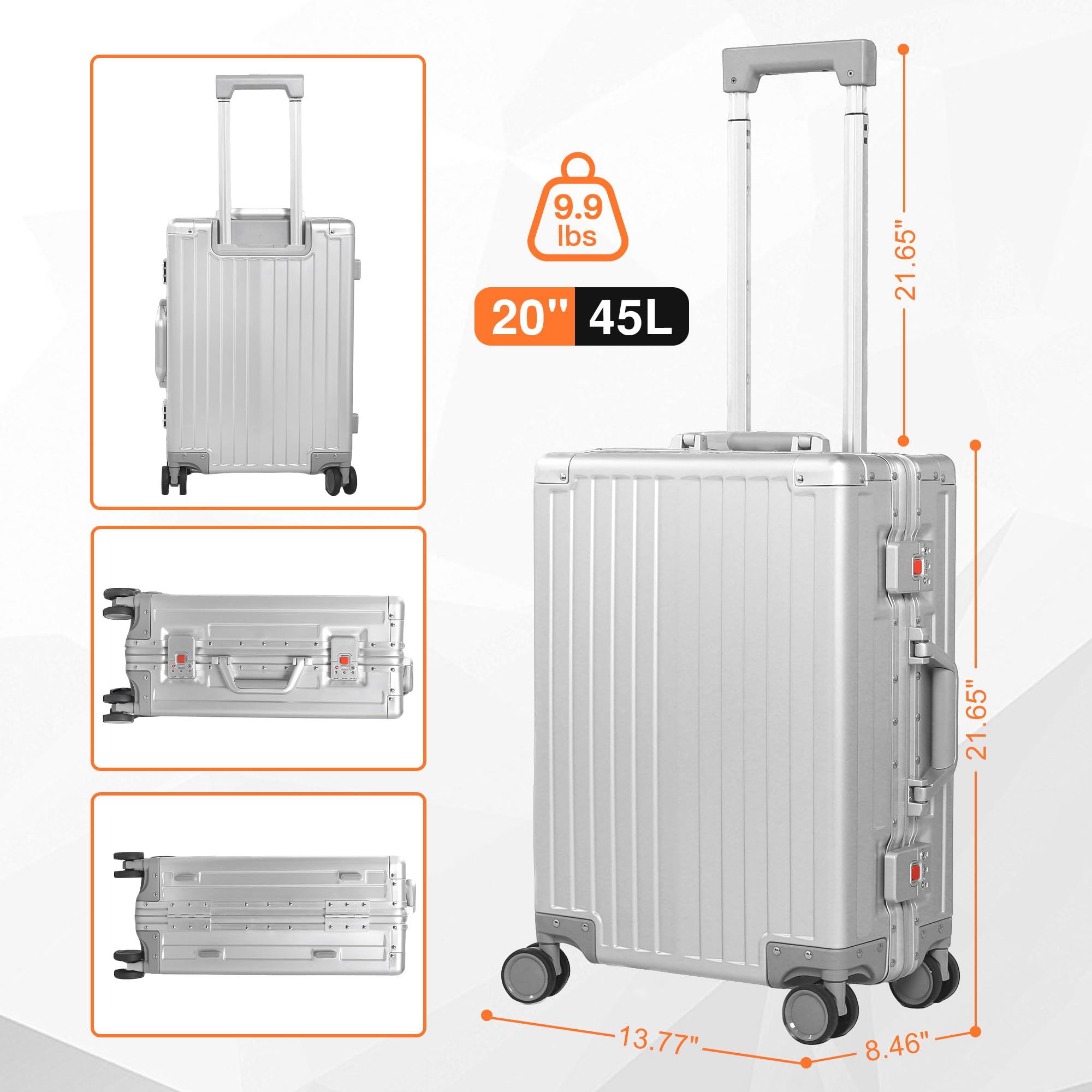 VentureVault All Aluminum Carry On Luggage 22x14x9 Airline Approved，Hard Shell Carry On Luggage, Zipperless Luggage Aluminum Suitcase Luggage (sliver, 20inch)