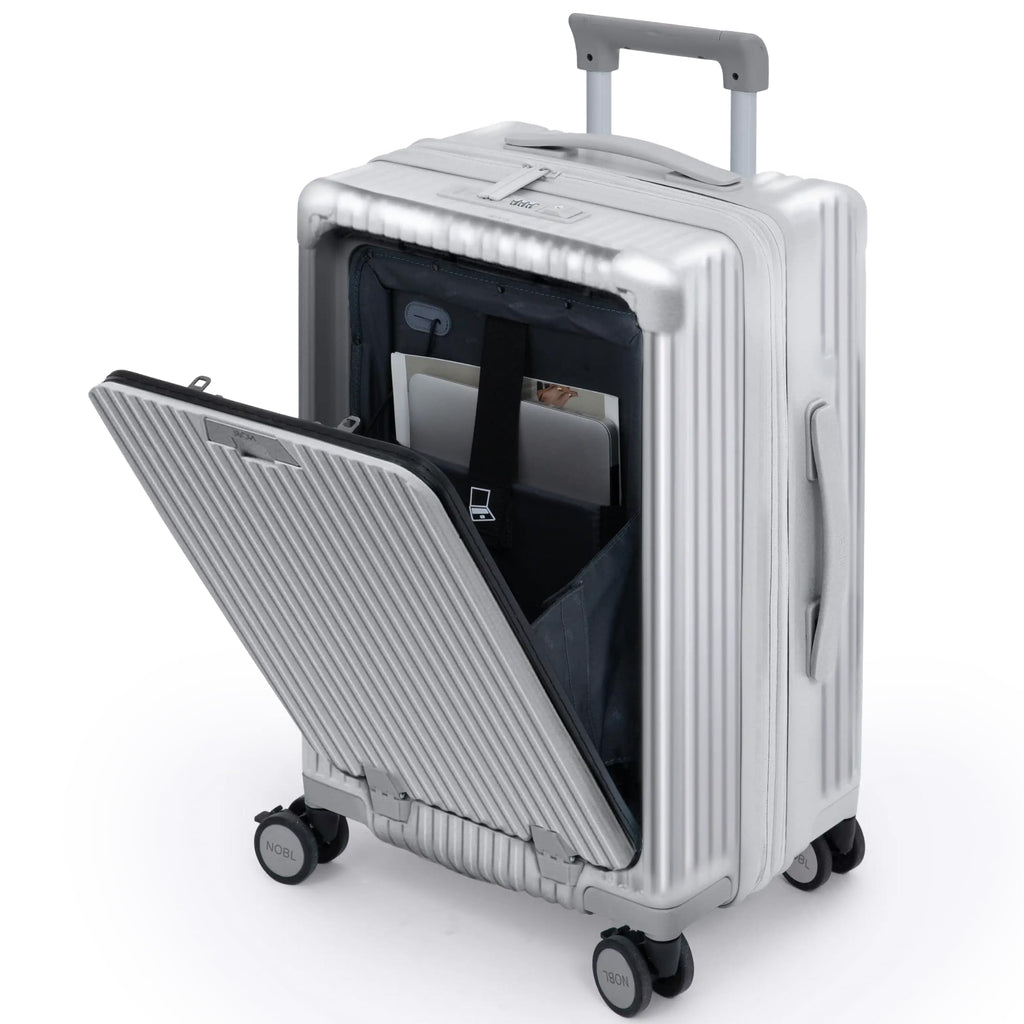 Nobl Travel Carry On Expandable Luggage, Noble Aluminum Frame PC Hard Shell Suitcase, 22.5”x14.2”x9.8” Airline Approved, 360° Spinner Wheels, TSA Locks, USB Charging, Cup & Phone Holder - Silver