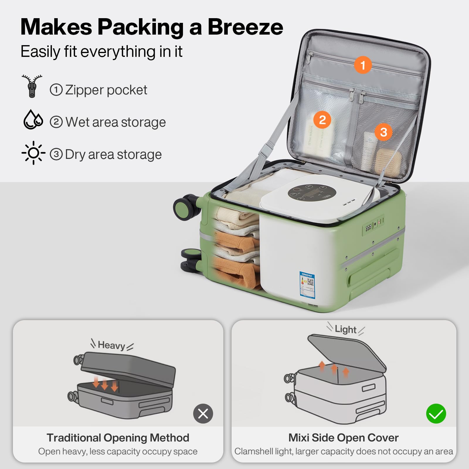 mixi 17x14x9 Carry On Luggage Underseat PC Hard Shell Suitcase Top Opening Aluminum Frame Travel Suitcases with Wheels, Avocado Green