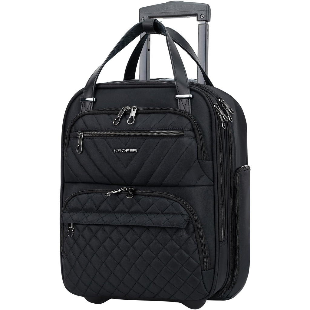 KROSER Carry On Underseat Multi-functional, 16-inch Underseater Lightweight Overnight Suitcase for Men Women, Black