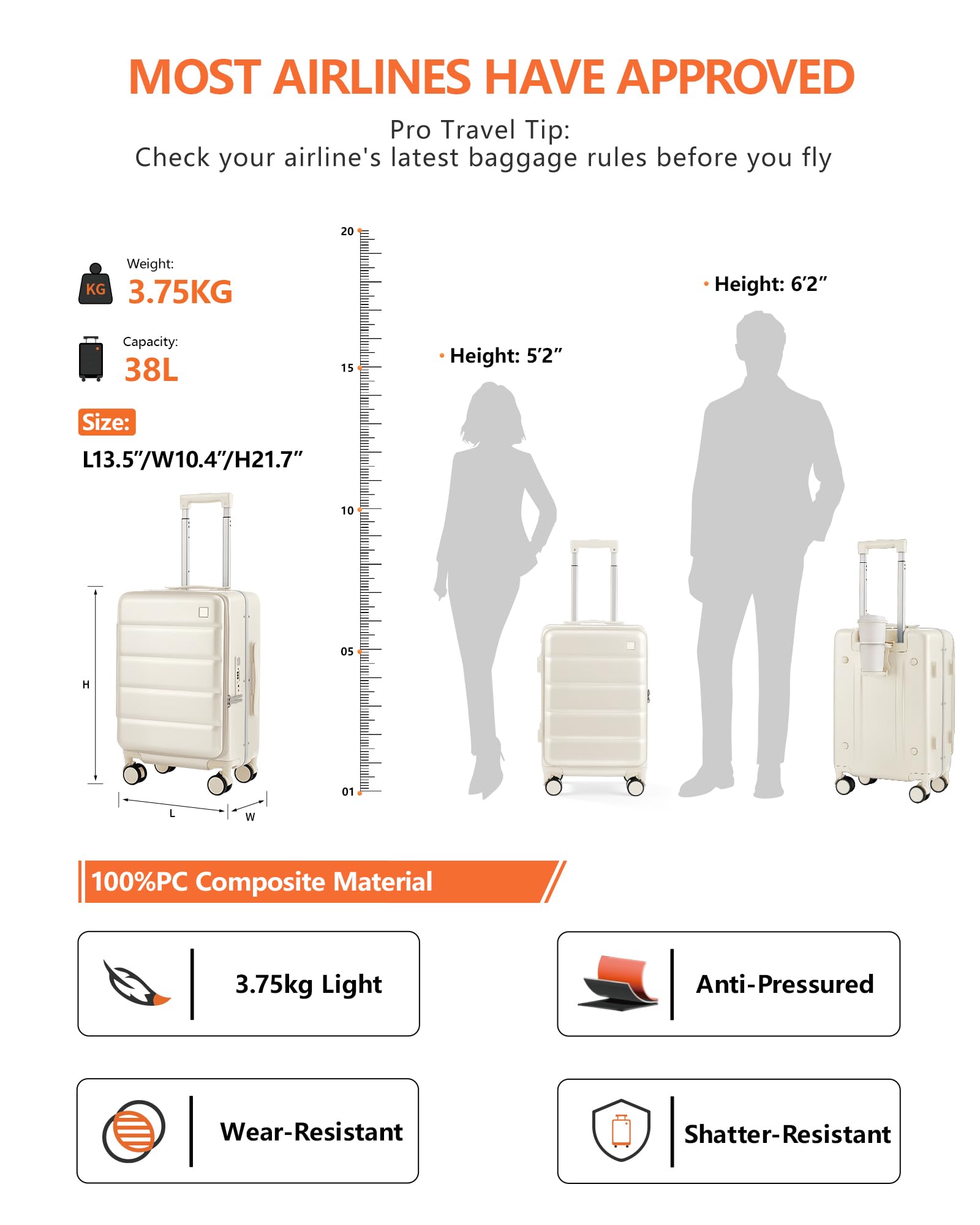 ISLAND ELEPHANT 21IN Carry On Luggage Airline Approved - Top Opening Aluminum Frame Hardside 100% PC Suitcase -with TSA Lock,Cup Holder,USB Charge,Side Pothook, 360°Spinner Wheels-White