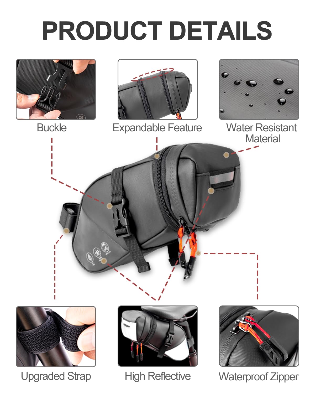Danuosie Bike Seat Bag, Expandable Bicycle Saddle Bag Under Seat, Waterproof Cycling Seat Pack for Mountain Road Bikes and Commuter, 1.5-2L