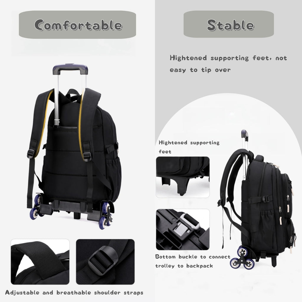 GRUOTEIS Black Rolling Backpack for Boys Middle Junior School Kids, Boys Backpack with 6 Wheels, Black
