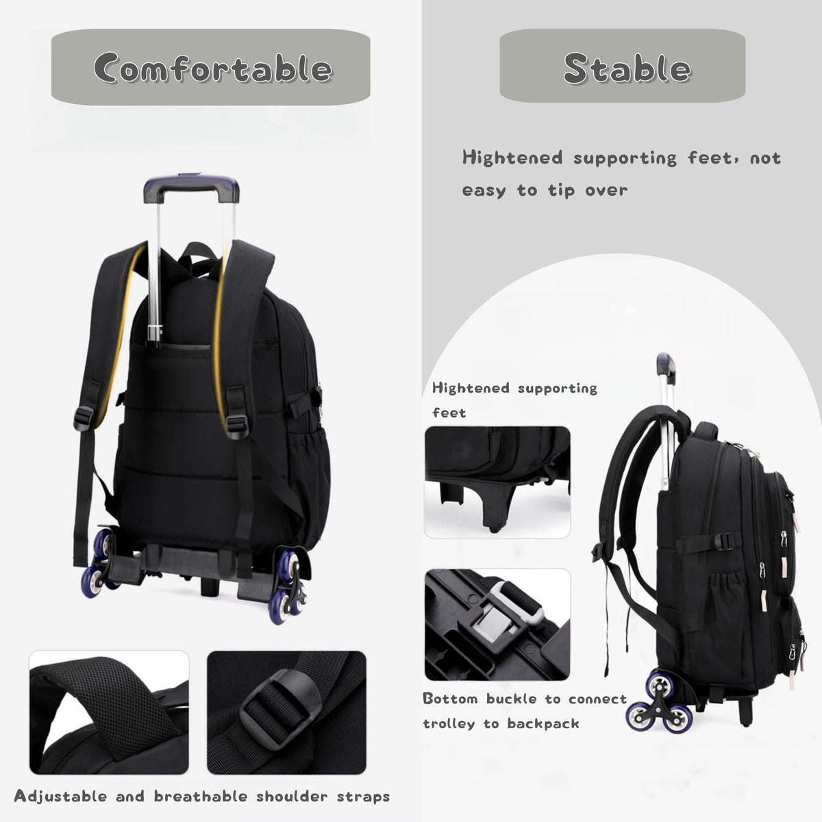 GRUOTEIS Black Rolling Backpack for Boys Middle Junior School Kids, Boys Backpack with 6 Wheels, Black