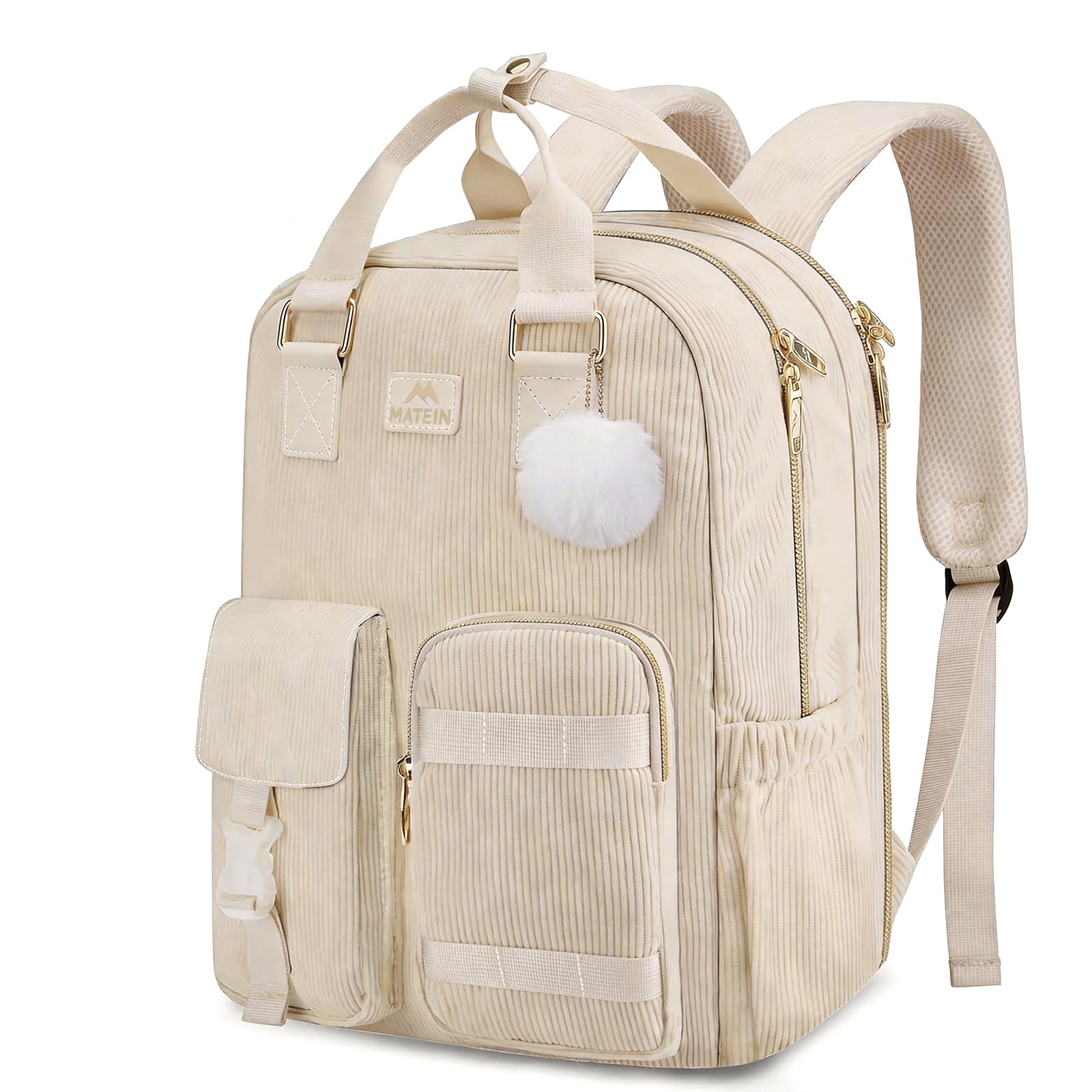 MATEIN Backpack for Teen Girls, 15.6 Inch Cute Corduroy Laptop Backpack Aesthetic College School Bookbag with Luggage Strap, TSA Lightweight Soft Kawaii Travel Backpacks for Women Nurse, Beige