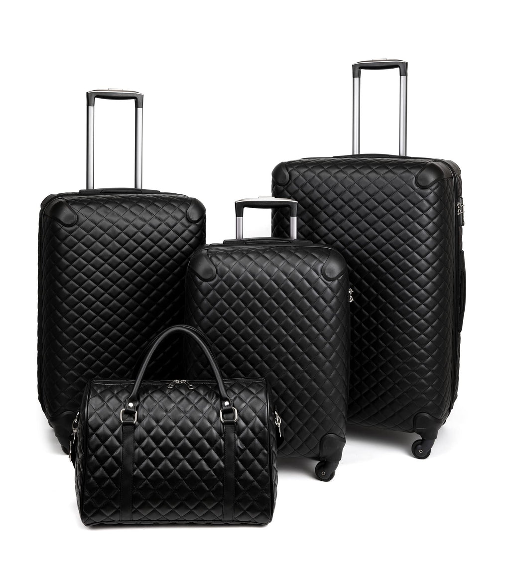 feilario Plaid PU Leather Softshell Luggage Set - 4-Piece Expandable Suitcases with Spinner Wheels - Includes Large Travel Bag, 20-Inch Carry On, 24-Inch & 28-Inch Suitcases