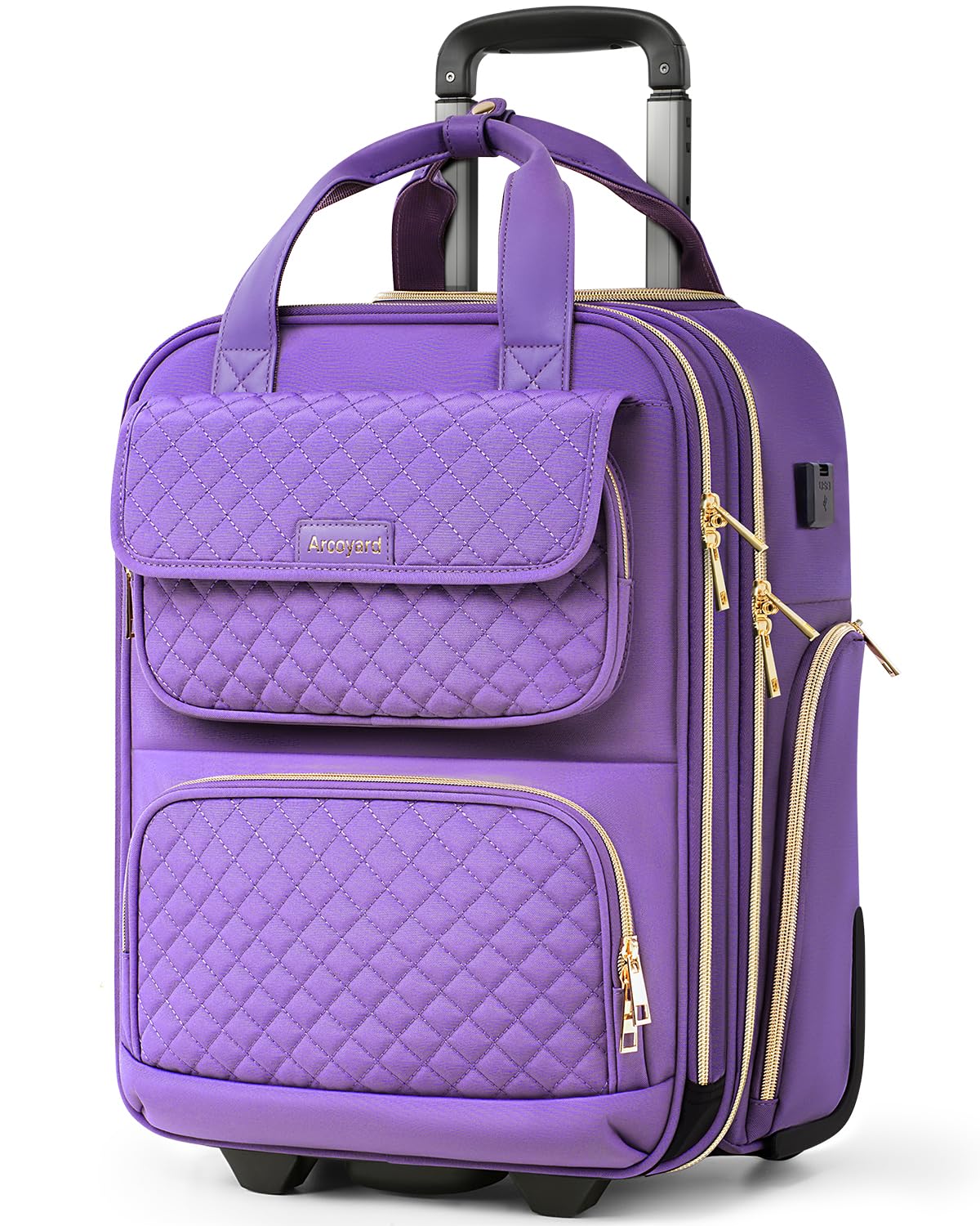 Underseat Carry On Luggage with Wheels, Airline Approved Personal Item Luggage, 16-Inch Multi-functional Underseat Luggage, Lightweight Overnight Suitcase for Women, Bussiness, Travel, Purple