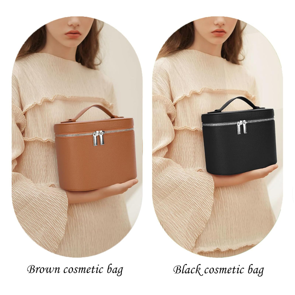 IEMIEBOAMGNOY Leather Make Up Bags With Compartments, Brown travel Cosmetic Bags for Women, Parallel Makeup Travel Bags Organizer Equipped With a Detachable Divider