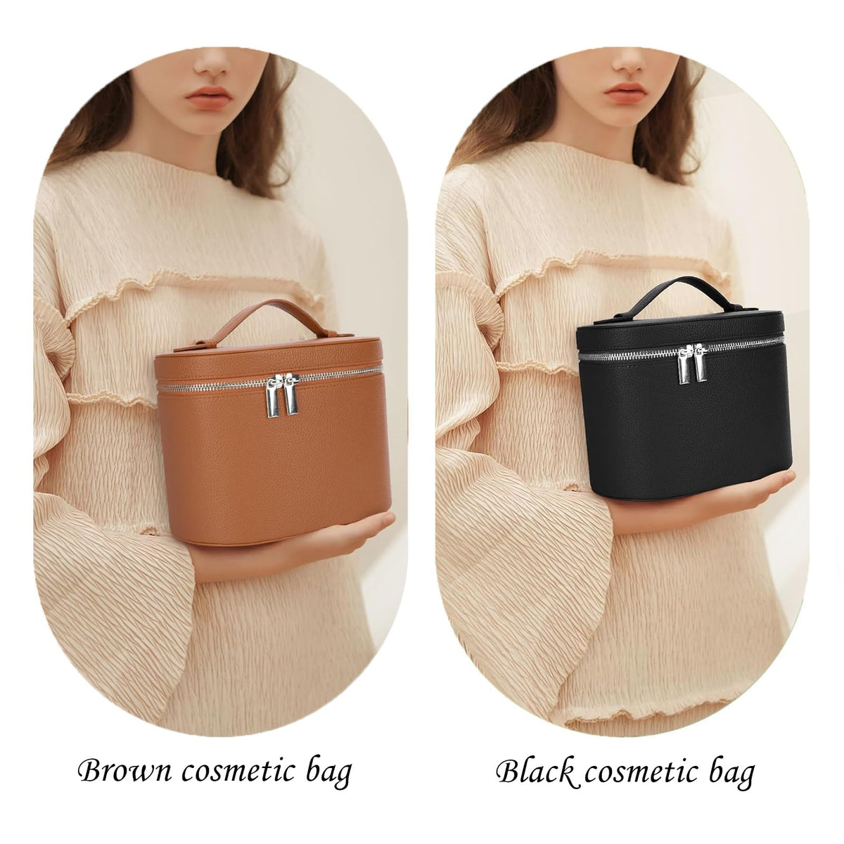 IEMIEBOAMGNOY Leather Make Up Bags With Compartments, Brown travel Cosmetic Bags for Women, Parallel Makeup Travel Bags Organizer Equipped With a Detachable Divider