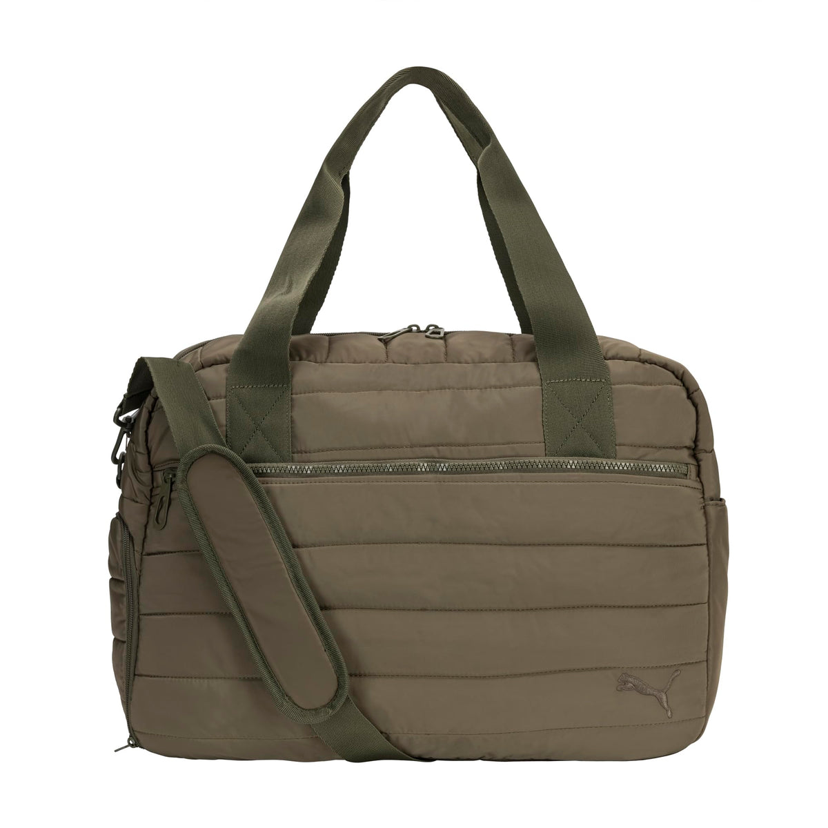 PUMA Isla Carryall, Trendy Weekender with Shoe Pocket, Removable Strap & Quilted Style, Loden Green