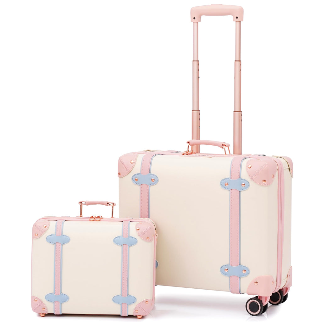 Miss.Box Vintage Luggage Set with Wheels, Retro Suitcase, Vintage Travel Luggage Set, Stylish Vintage Luggage Set for Women and Men (White, 14inch&18inch)