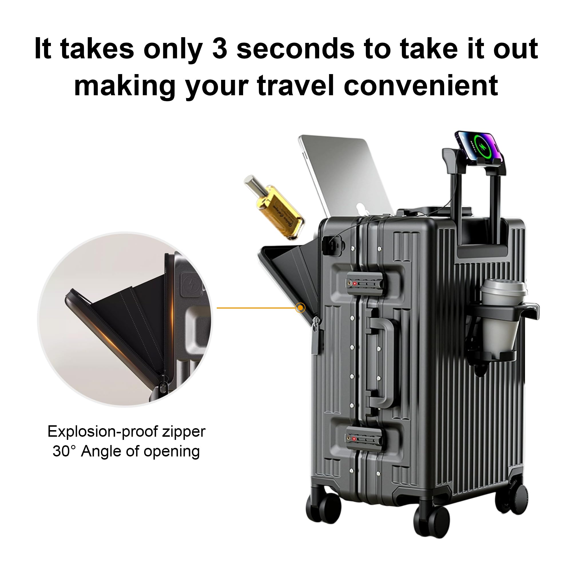 2-Piece Hardshell Zipperless Luggage Set, 20/26" Aluminum Frame Hardshell Spinner Luggage, Airline Approved Carry-On Luggage, TSA Lock, 360° Quiet Wheels With Cup Holder (Black)