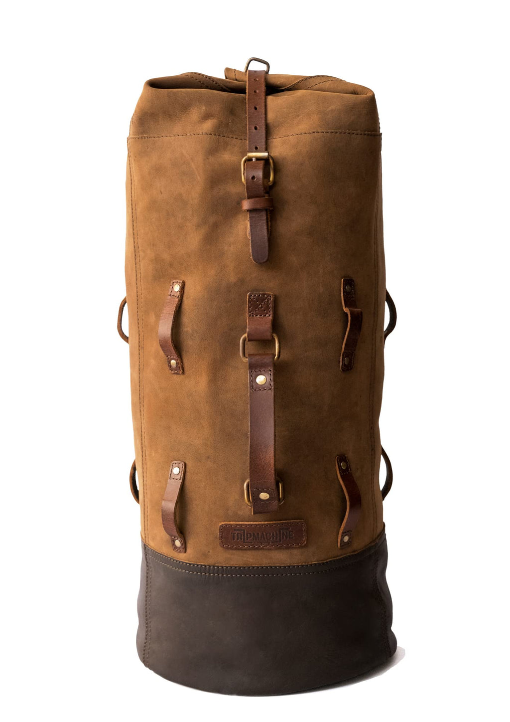 Trip Machine Company Full Grain Leather Military Inspired Motorcycle Duffel Bag – 24L Saddlebag Weekender with Shoulder Strap, Mounting Straps & Rain Cover (Dark Brown)