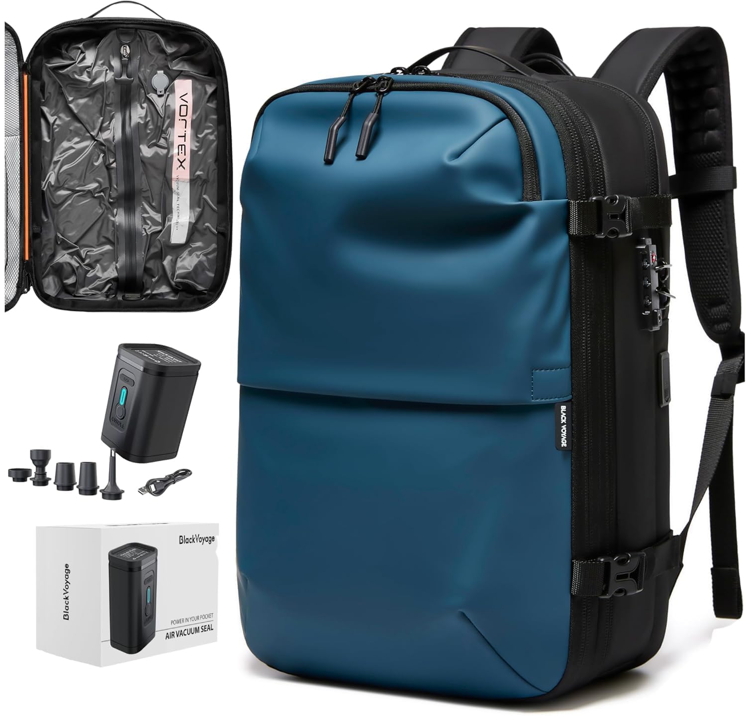 BlackVoyage Vortex Vacuum Seal Travel Backpack 60L Expandable Air Compression System Water Resistant TSA Lock Carry-On Suitcase Luggage Blue AERO - Vacuum Pump Included