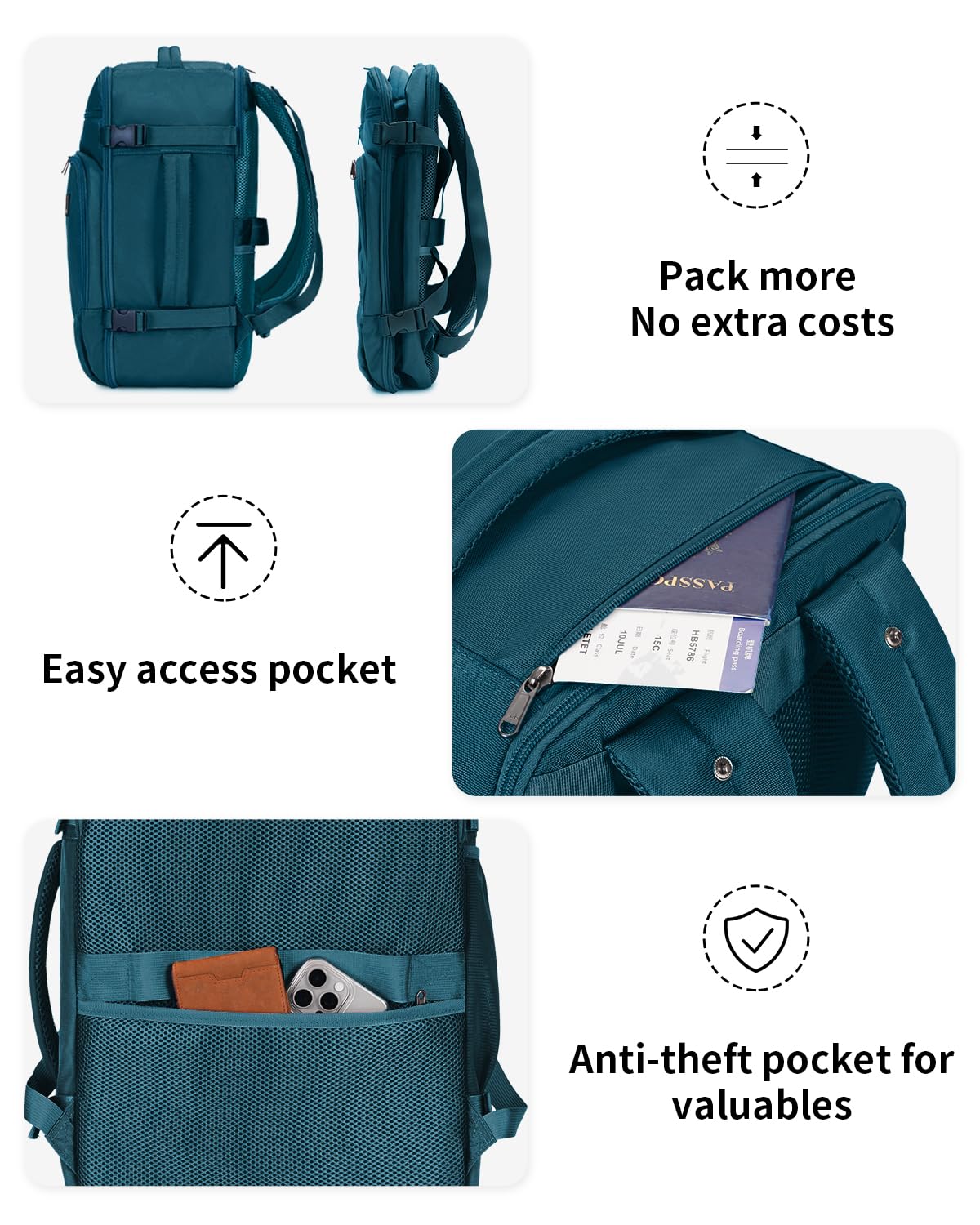ECOHUB Travel Backpack for Women, 18x14x8 Spirit Airlines Personal Item Bag with Clear Toiletry Bag, Laptop Carry on Backpack with USB Port, Airline Approved Under Seat 14 Pockets, Blue Green