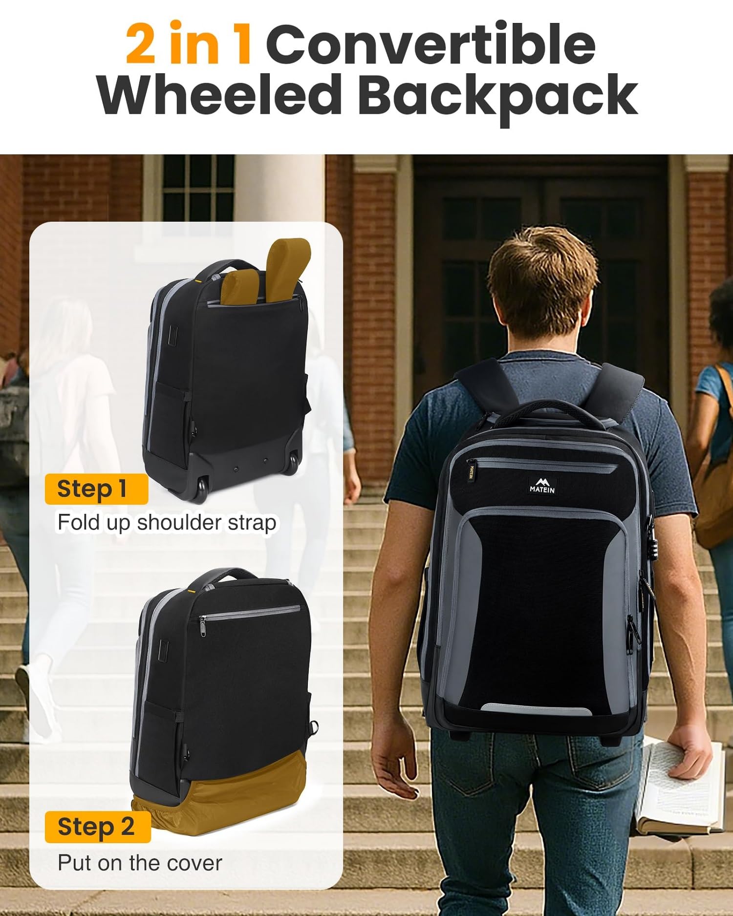 MATEIN Rolling Backpack with Wheels, Flight Approved Anti Theft Rolling Bookbag Fits 17" Laptop, Roller Carry On Luggage Wheeled College School Suitcase Travel Bag for Men Women, Black