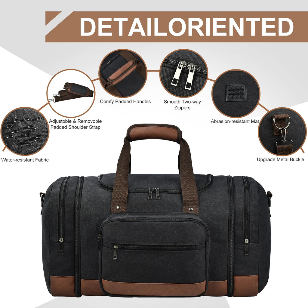 Litvyak Duffle Bag for Travel, 50L Canvas Travel Duffel Bags Overnight Weekend Gym Carry On Luggage Bag for Men & Women(Black)