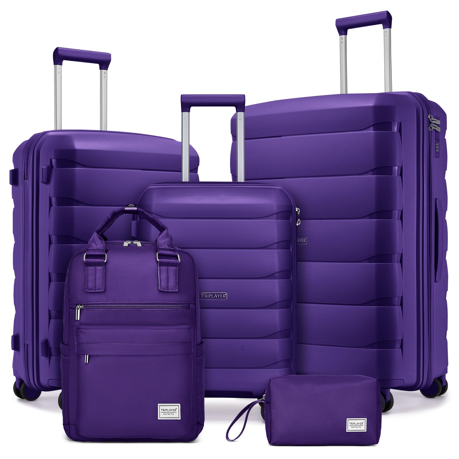 TRIPLAYER Luggage Sets 5 Pieces, PP Hardshell Suitcase Set with Spinner Wheels, Suitcases for Women (Purple)