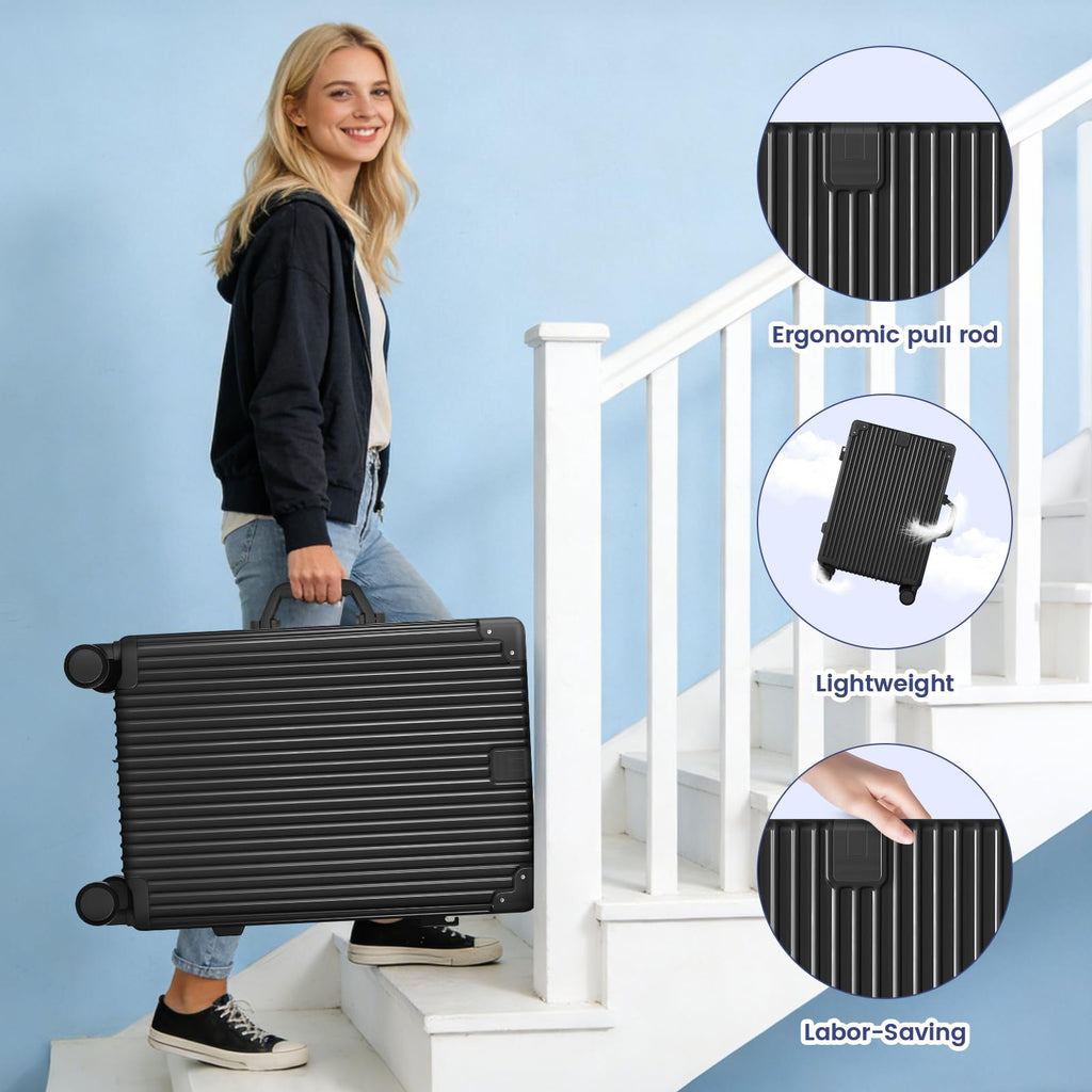 Faqy Z 20 Inch Carry On Suitcase, Aluminum Frame Zipperless Hard Shell Luggage with Spinner Wheels, TSA Lock, USB Charging Port, Phone Holder, Cup Holder for Business Travel and Trips, Black