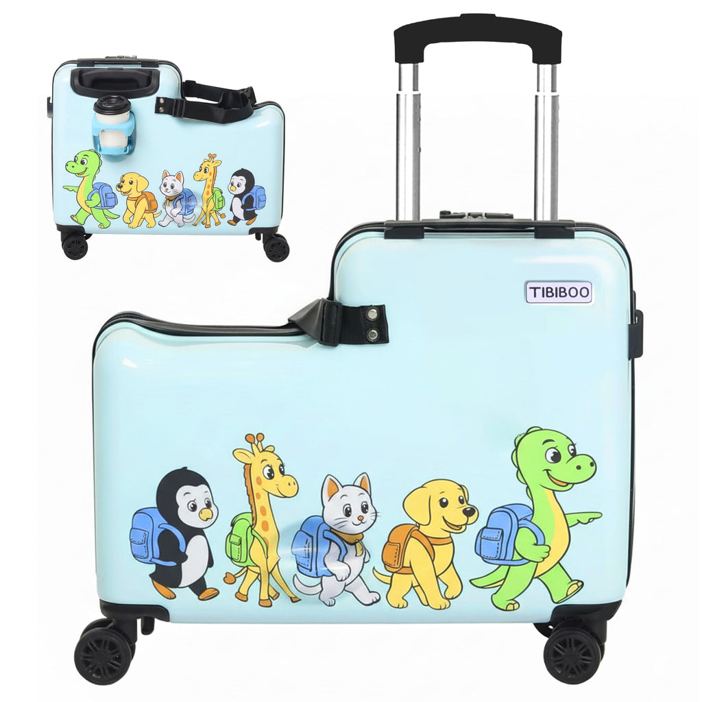 TIBIBOO Ride On Suitcase for Kids, Kids Ride On Luggage, 20” Carry On Kids Luggage with Wheels, Hard Shell Travel Suitcase for Ages 3–7