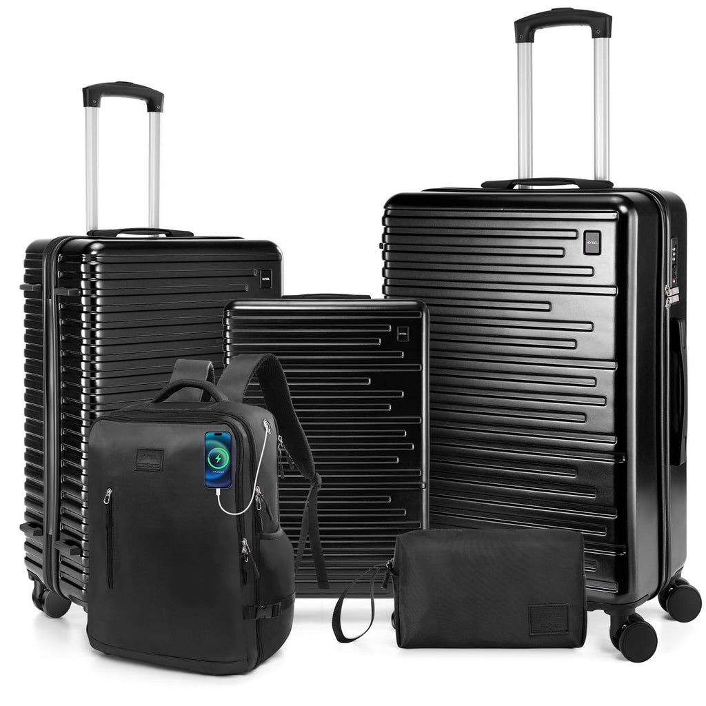 Hoteel Luggage Sets 5 Piece, 4-Yr Warranty Durable Suitcase Dual-Spinner Wheel TSA Lock, Lightweight Travel Hardshell PC+ABS Carry on Luggage for Men&Women, Black(20in/24in/28in/BP/TB)