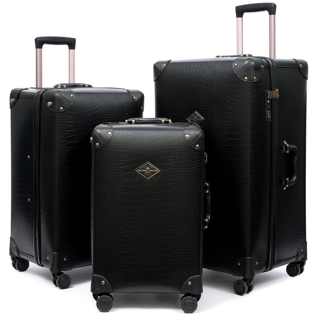 universal trotter 3-Piece High-Capacity Lightweight Vintage PU Leather Hardshell Luggage Set (20/24/28 Carry-on & Checked), Water-Resistant PU Trunk Style, 360° Spinner Wheels (Jet Black)