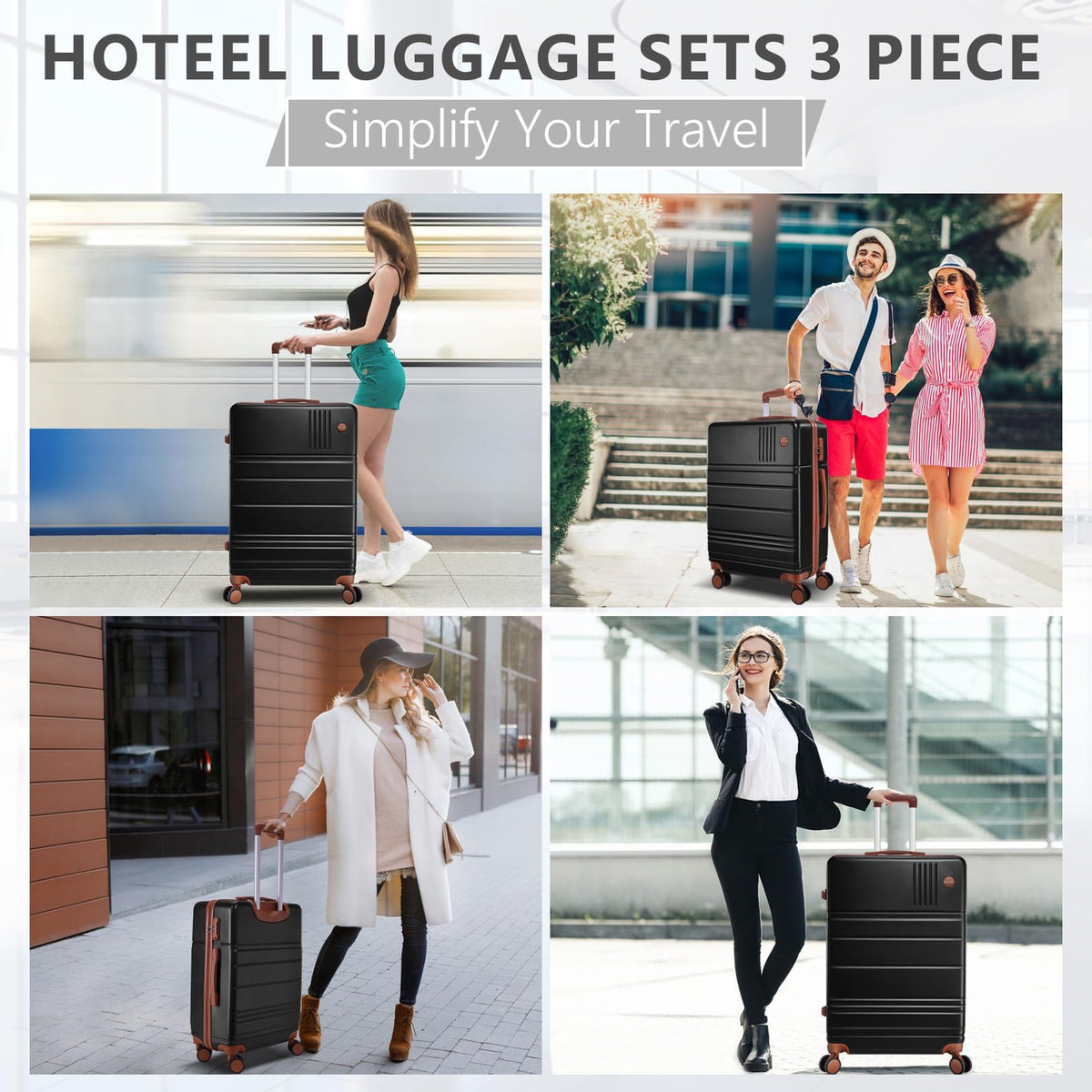 Hoteel Luggage Sets 4 Piece, 4-Yr Warranty Durable Suitcase Dual-Spinner Wheel TSA Lock, Lightweight Travel Hardshell PC+ABS Carry on Luggage for Men&Women, Black(16/20/24/28 inch)