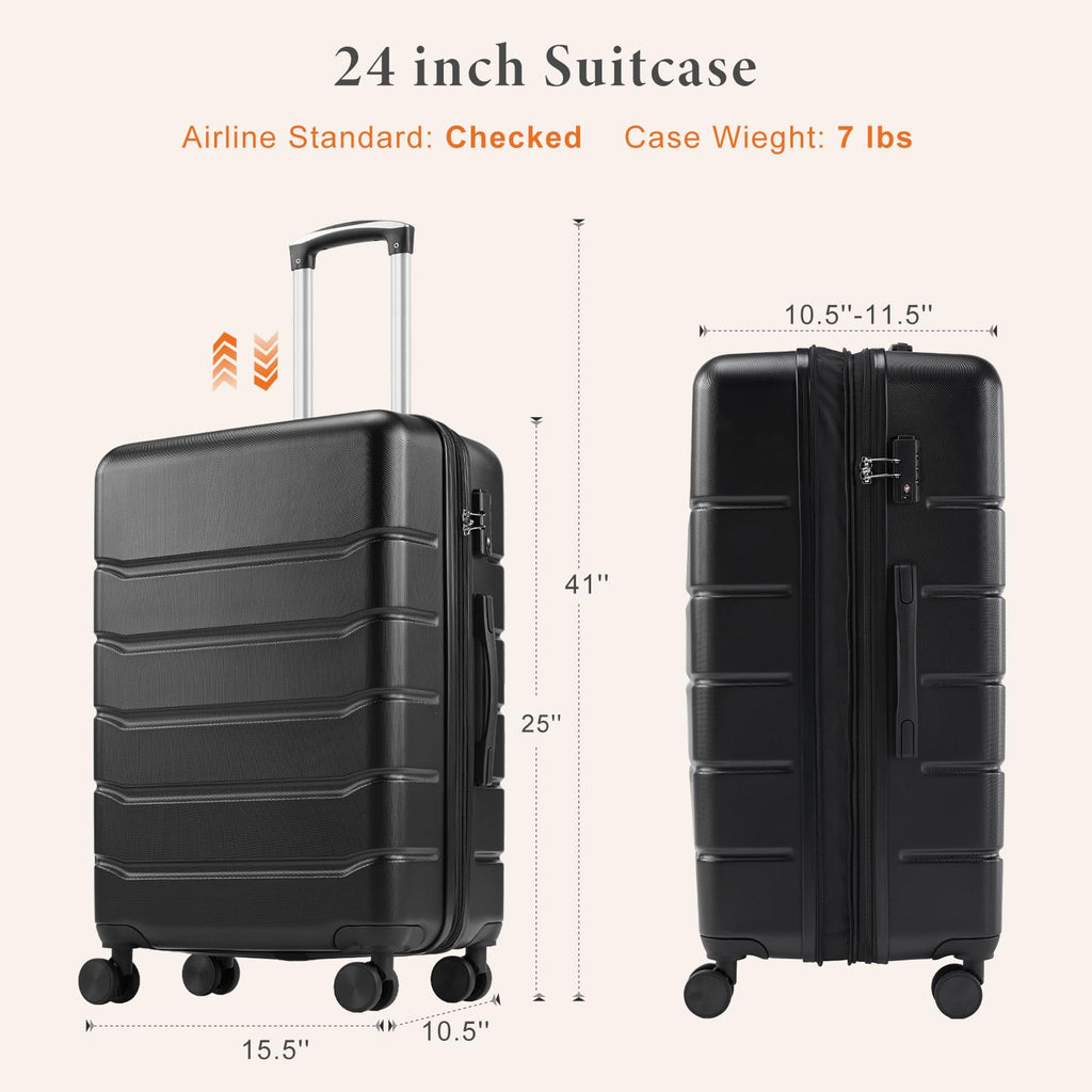 Sweetcrispy Carry on Luggage, Hard Shell ABS Suitcase with Double Spinner Wheels, Lightweight Expandable Rolling Suit Case with TSA Lock, 24 Inch Bronze Black