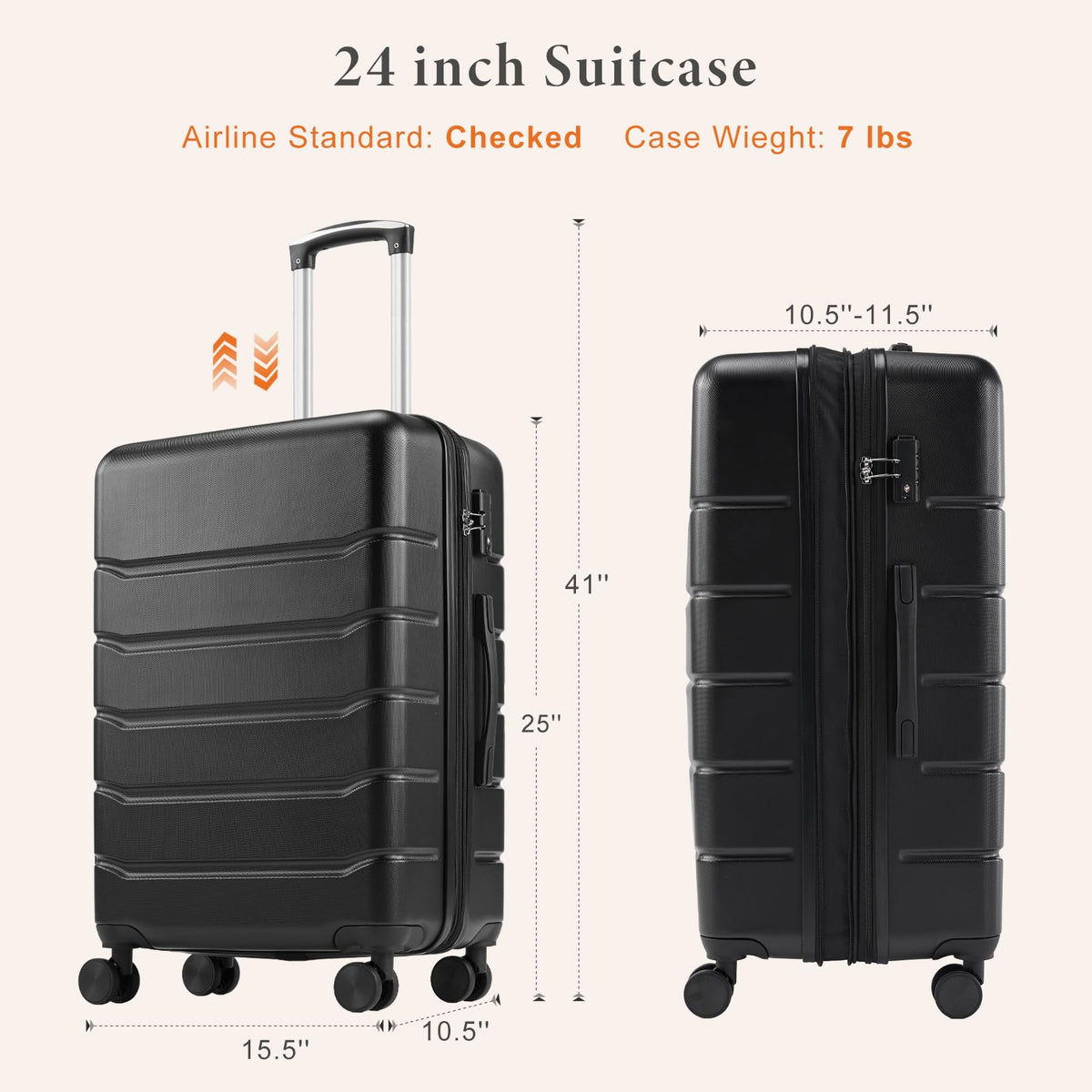 Sweetcrispy Carry on Luggage, Hard Shell ABS Suitcase with Double Spinner Wheels, Lightweight Expandable Rolling Suit Case with TSA Lock, 24 Inch Bronze Black