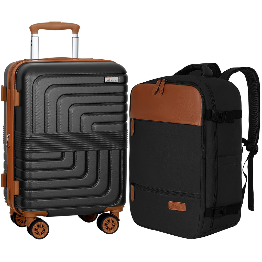Romswi 21In Carry Sets, Expandable Carry On Luggage Set with Backpack, PC+ABS Hardside Carry-On Suitcase Set with YKK Zipper & Spinner Wheels Black