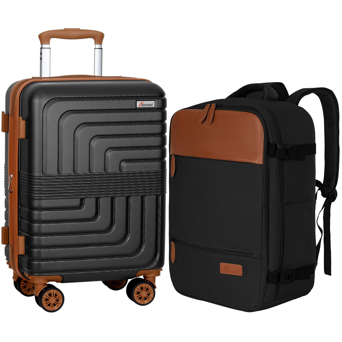 Romswi 21In Carry Sets, Expandable Carry On Luggage Set with Backpack, PC+ABS Hardside Carry-On Suitcase Set with YKK Zipper & Spinner Wheels Black
